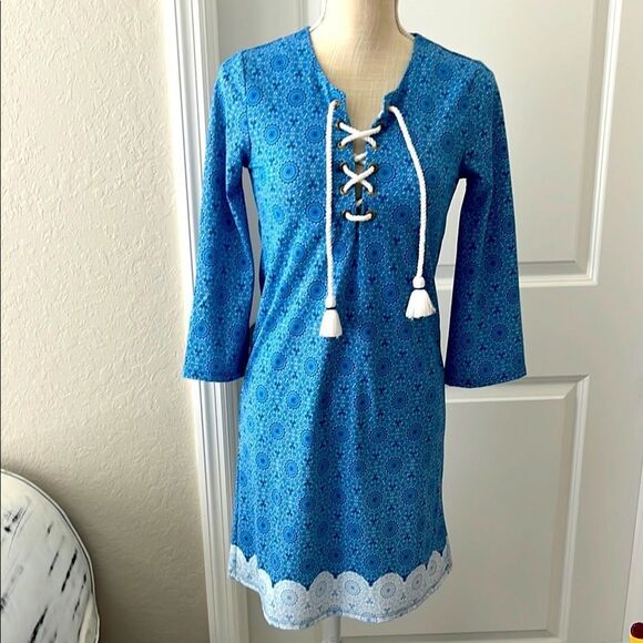 Talbots Cabana Life Blue Medallion Top 
 White Rope Lace up ,Tassels NWOT - Picture 1 of 8